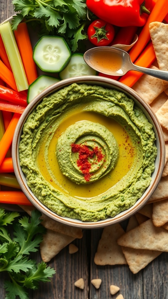 A bowl of kale hummus garnished with olive oil and paprika, served with vegetable sticks and pita chips.